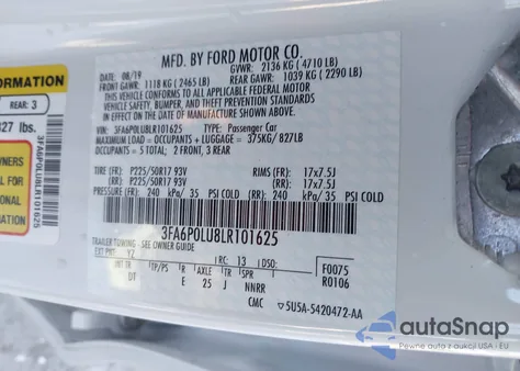 2020 Ford Fusion Hybrid Se from USA, damaged, VIN 3FA6P0LU8LR101625